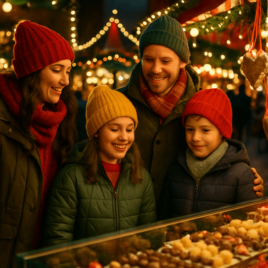 Familia española visitando mercadillo navideño en Reino Unido con luces festivas en la tarde