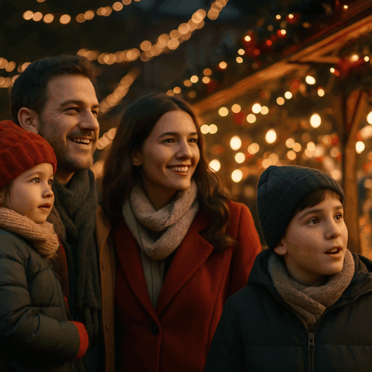 Familia española en mercado navideño británico con luces festivas