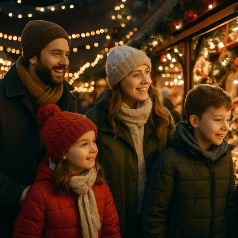 Familia española disfrutando de un mercadillo navideño en Reino Unido con luces festivas y decoración tradicional