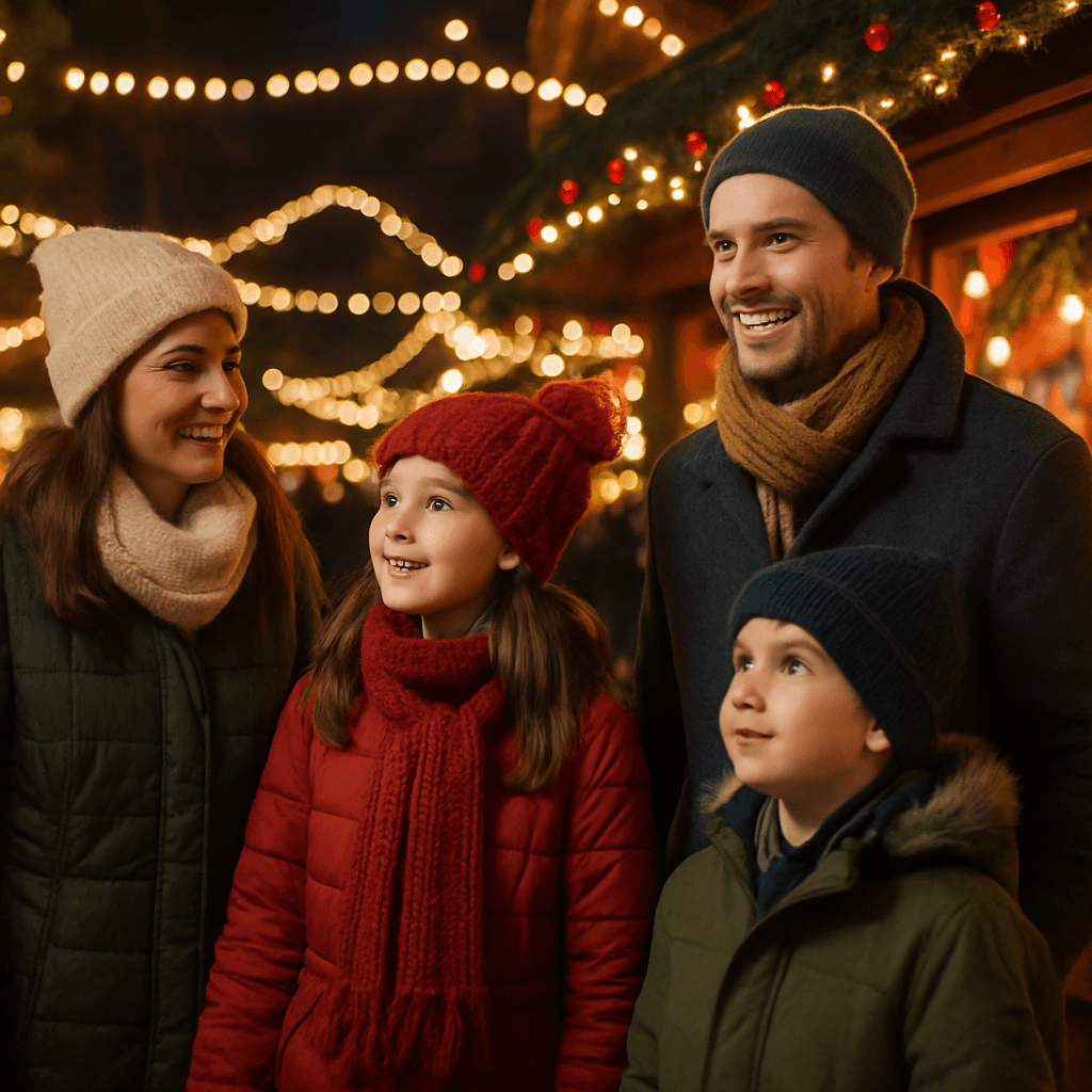 Familia española disfrutando de un mercado navideño en el Reino Unido con luces festivas por la noche