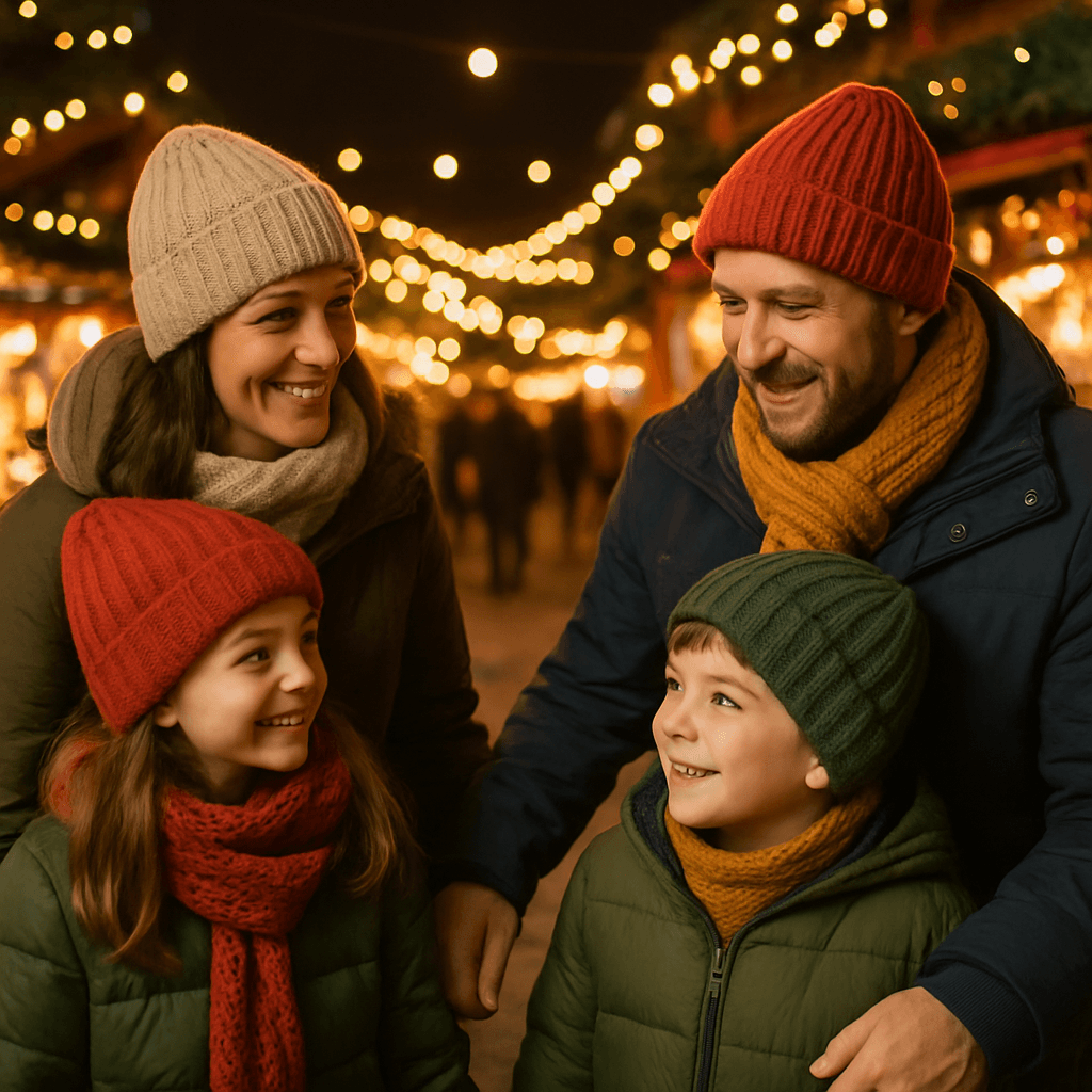 Familia española disfrutando de un mercado navideño británico al aire libre con luces festivas por la noche