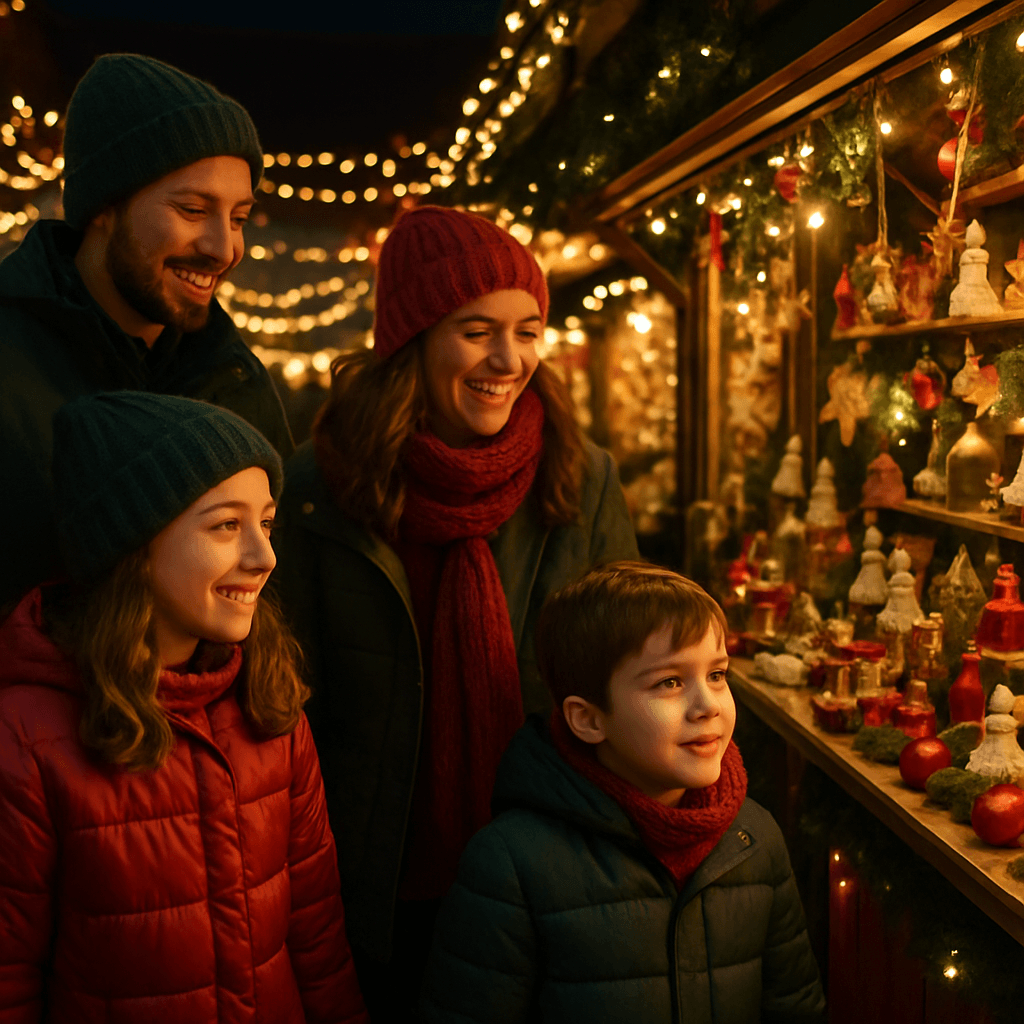 Familia visitando un mercado navideño en Reino Unido con luces y decoraciones