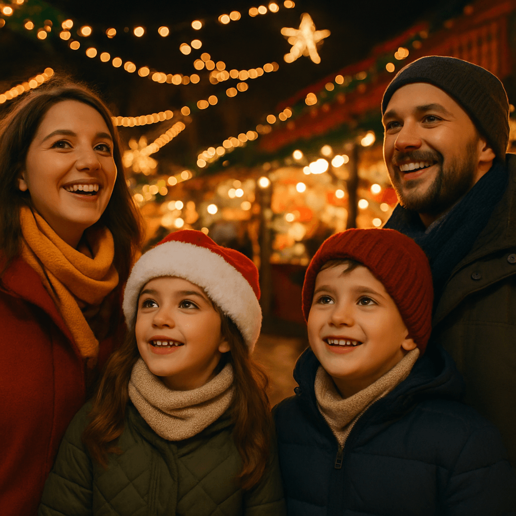 Familia disfrutando de un mercado navideño en Reino Unido con luces y decoración festiva