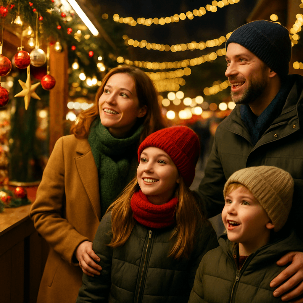 Familia española en mercado navideño del Reino Unido con luces festivas
