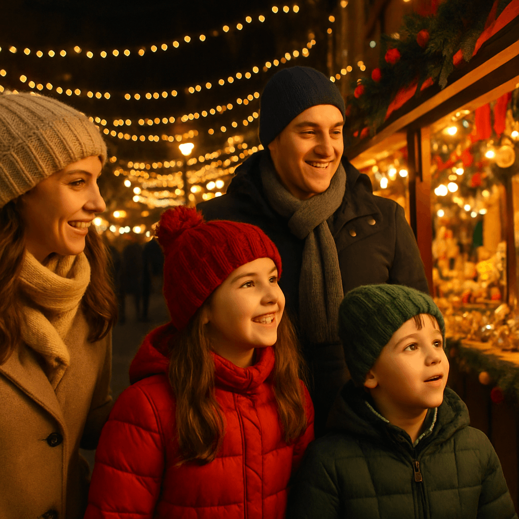 Familia española en mercado navideño británico con luces festivas
