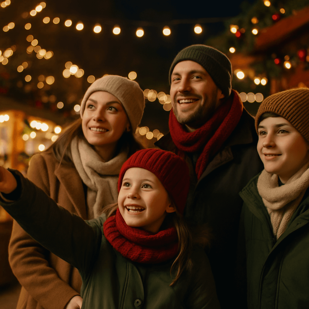 Familia española en mercado navideño en Reino Unido con luces y ambiente festivo
