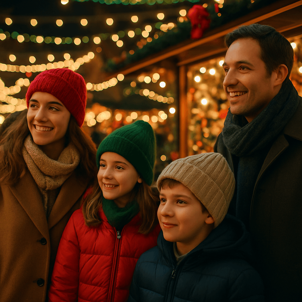 Familia española en mercado navideño del Reino Unido con luces festivas