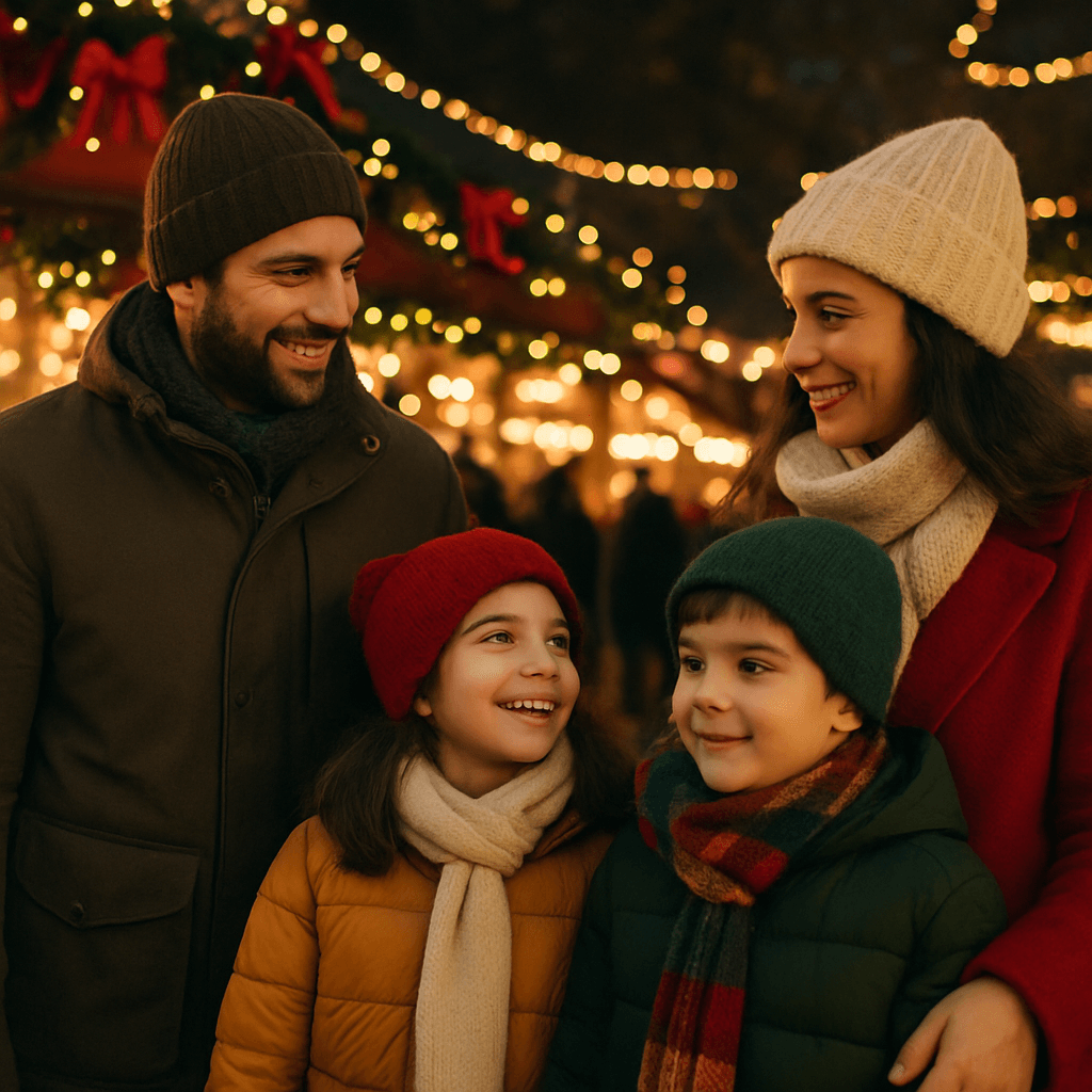 Familia española en mercado navideño del Reino Unido con luces festivas por la noche