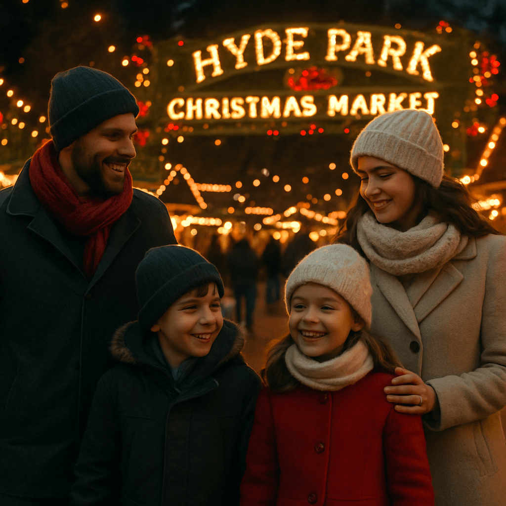 Familia española en un mercado navideño del Reino Unido con luces festivas