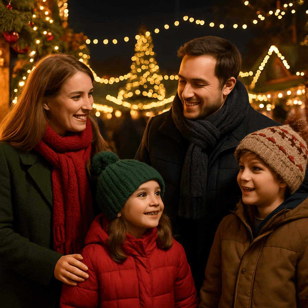 Familia española disfruta de un mercado navideño en Reino Unido por la tarde bajo luces festivas