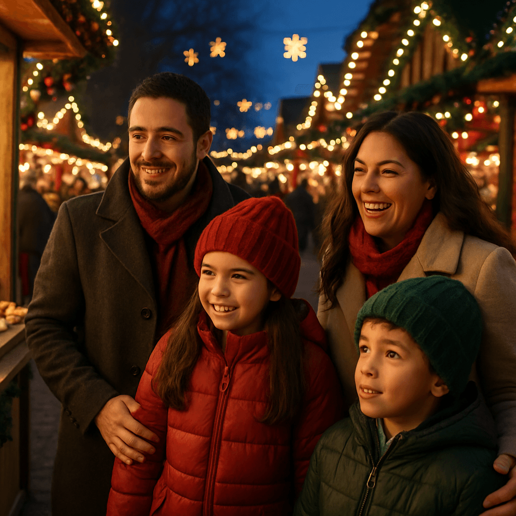 Familia española disfrutando de un mercado navideño al aire libre en Londres con luces festivas