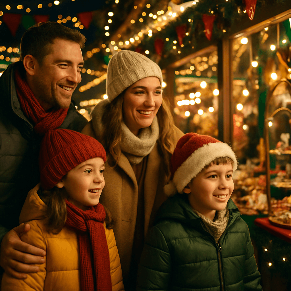Familia española disfrutando de un mercado navideño en el Reino Unido con luces festivas por la noche