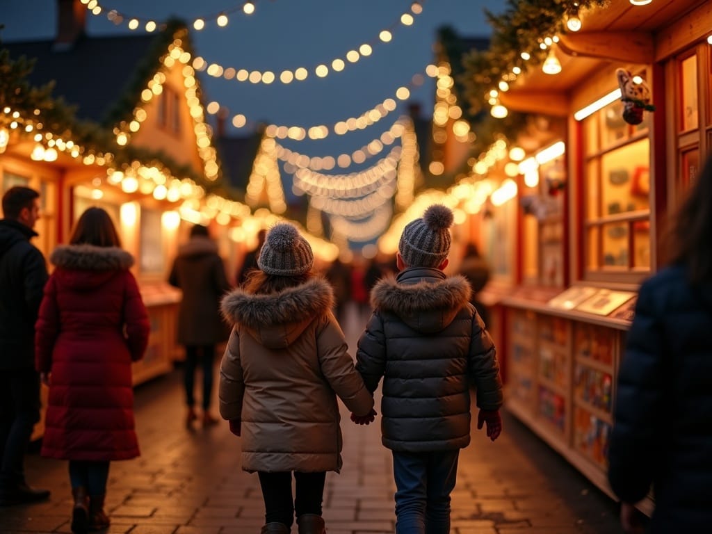 Familia en un mercado navideño al aire libre en Reino Unido con luces festivas