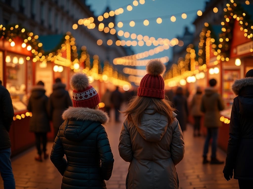 Familia con niños en mercado navideño al aire libre en Londres por la tarde