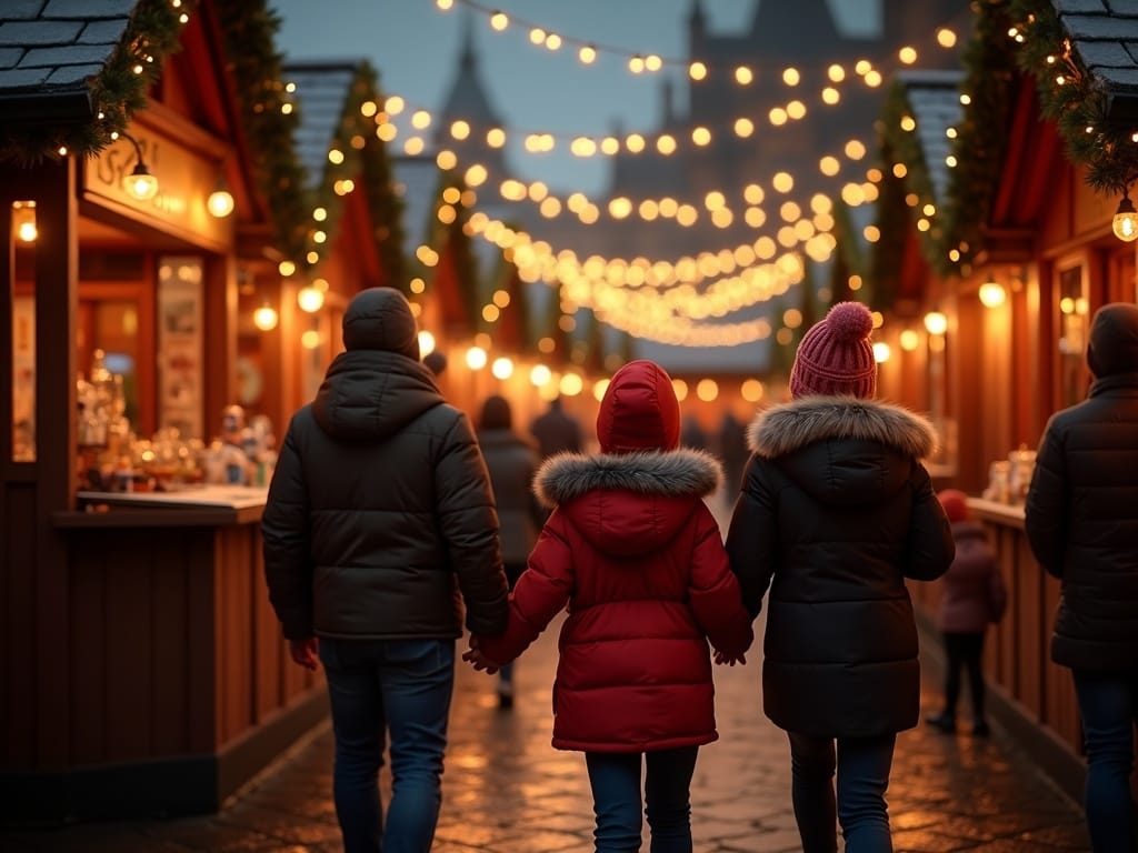 Familia disfrutando de un mercadillo navideño en Londres bajo luces festivas
