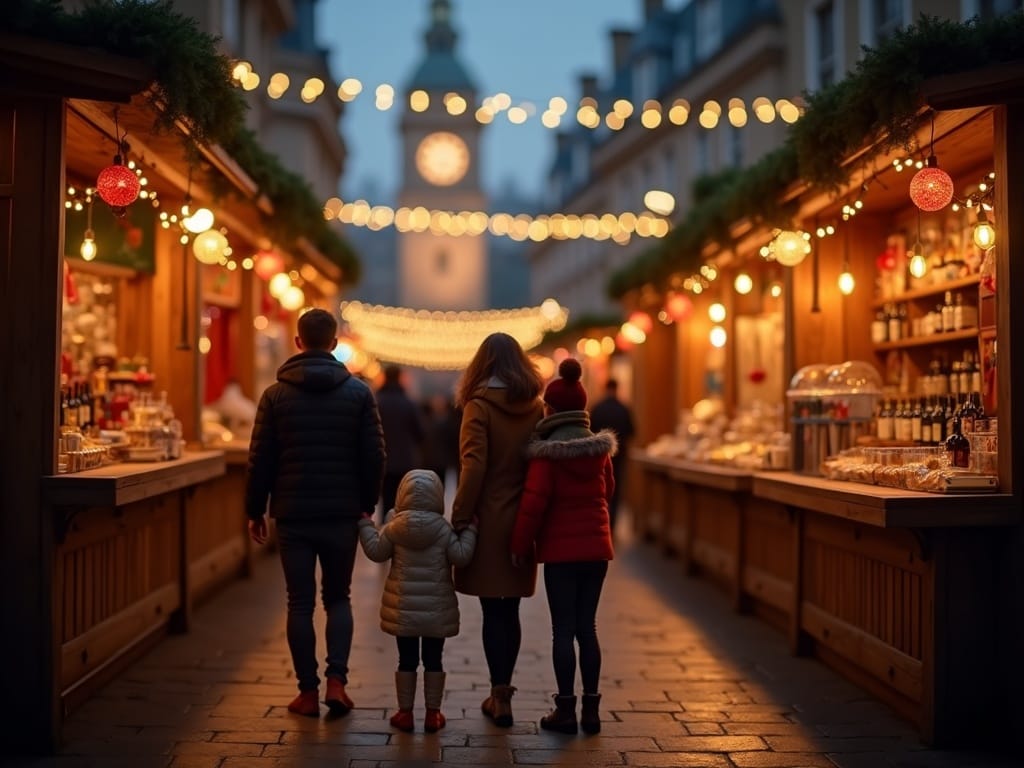 Familia disfrutando de un mercado navideño en Londres con luces festivas por la noche