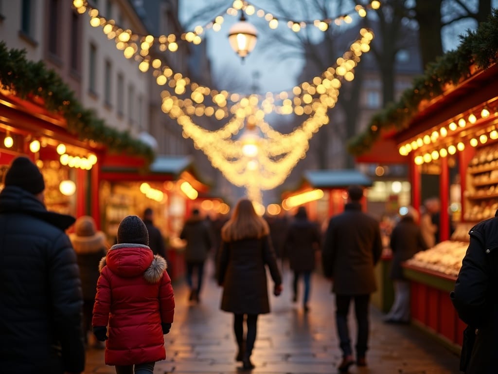 Familia disfrutando de un mercado navideño en Londres con luces festivas