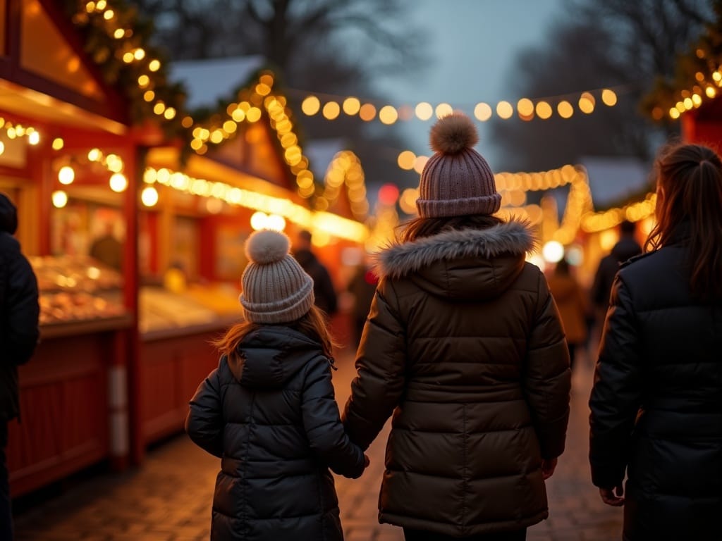 Familia europea en mercado navideño del Reino Unido con luces festivas de noche