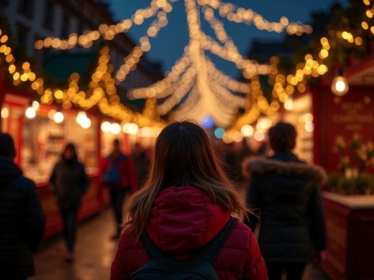 Familia europea en mercado navideño del Reino Unido con luces festivas por la tarde