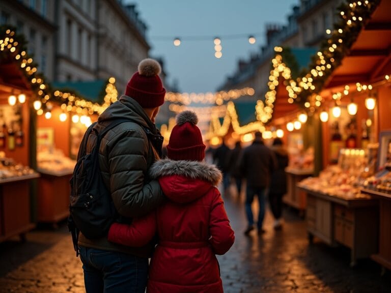 Familia en mercado navideño del Reino Unido bajo luces festivas de noche