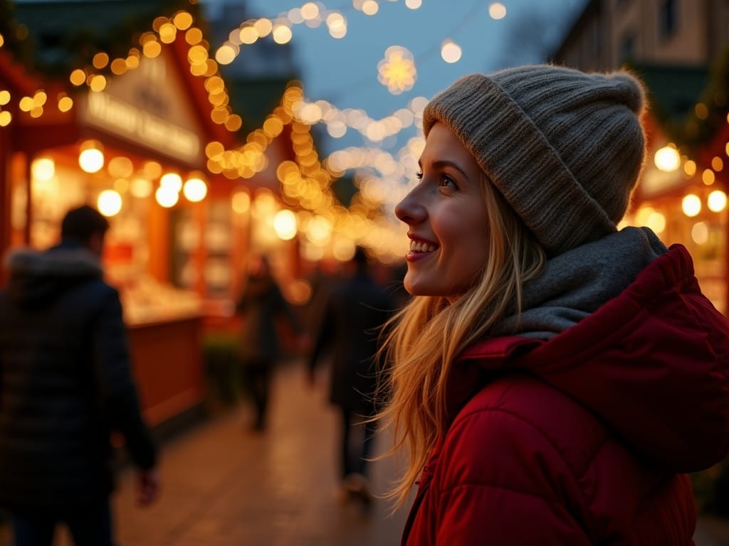 Familia disfrutando del mercado navideño al aire libre en Londres iluminado con luces festivas por la noche