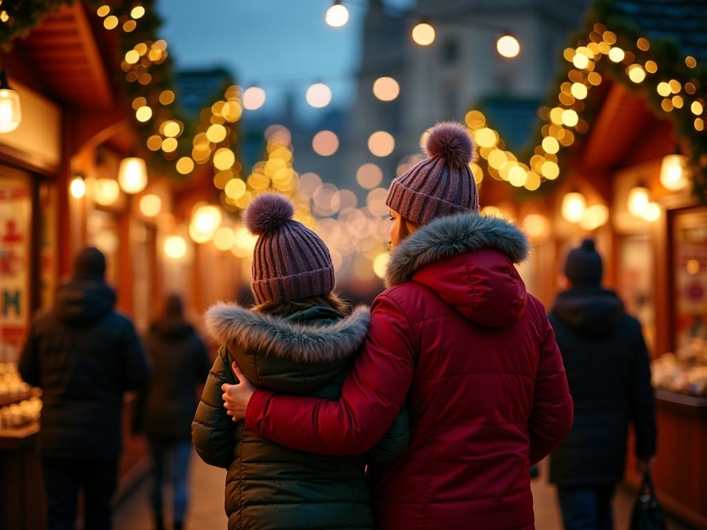 Familia española disfrutando de un mercado navideño en Londres al anochecer