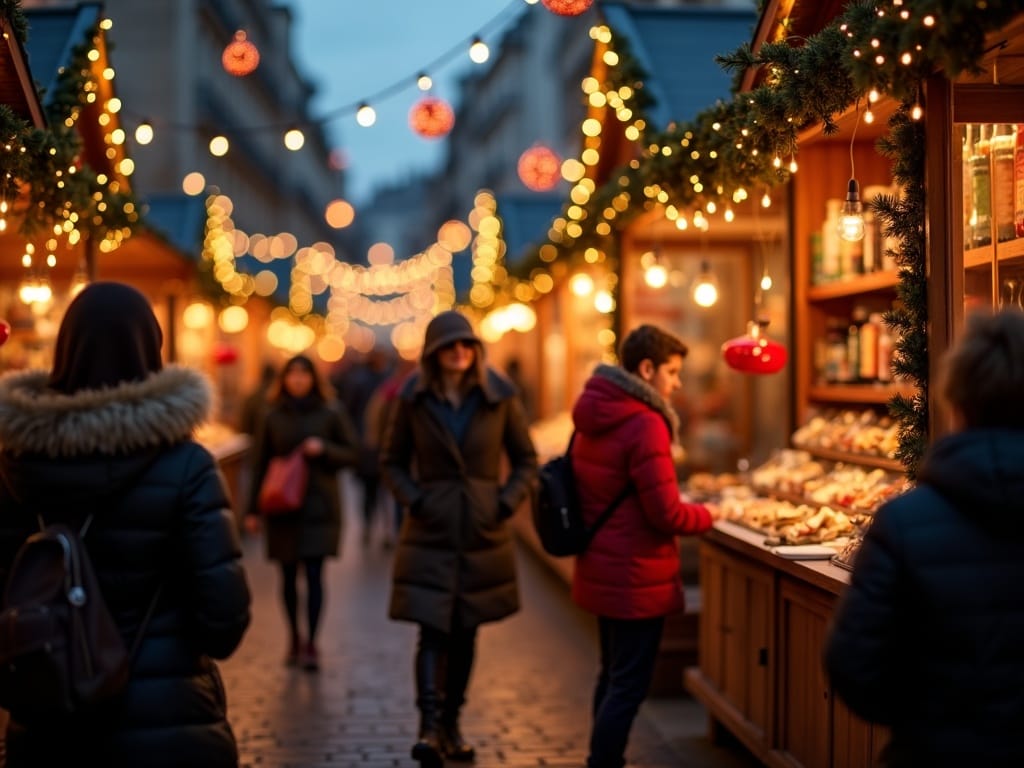 Familia disfrutando de un mercado navideño en Londres con luces festivas al anochecer