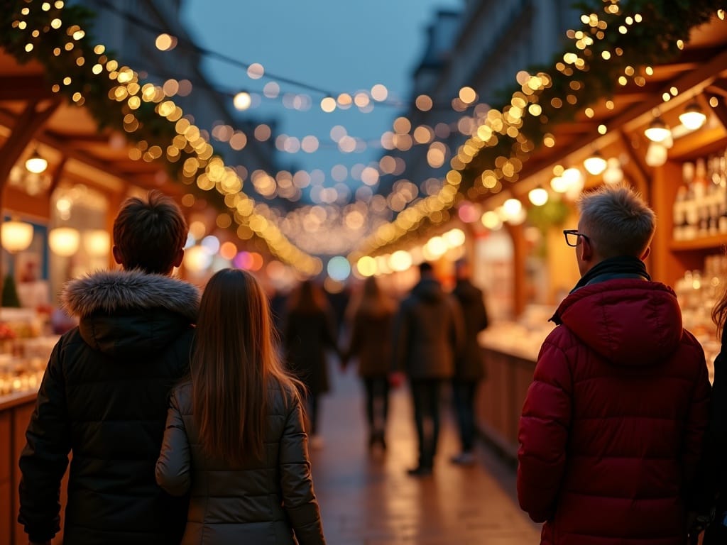 Familia disfrutando de un mercado navideño al aire libre en Londres con luces festivas
