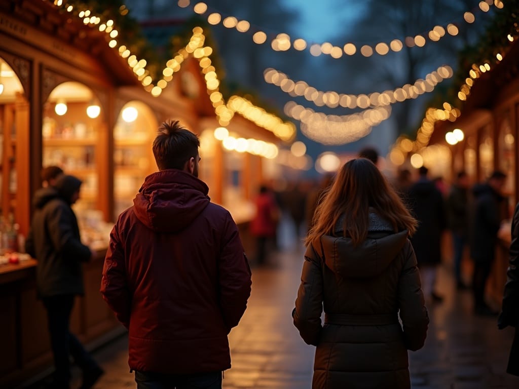 Familia disfrutando del mercado navideño en Londres con luces y decoraciones de noche