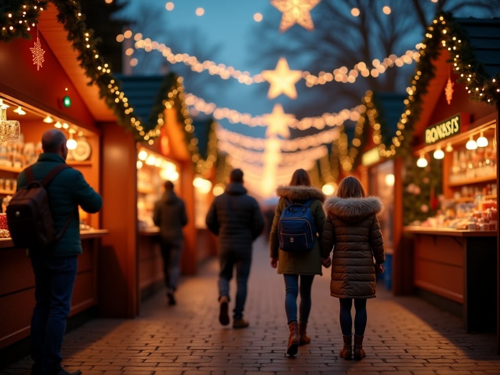 Familia española visitando un mercado navideño en Reino Unido con luces brillantes