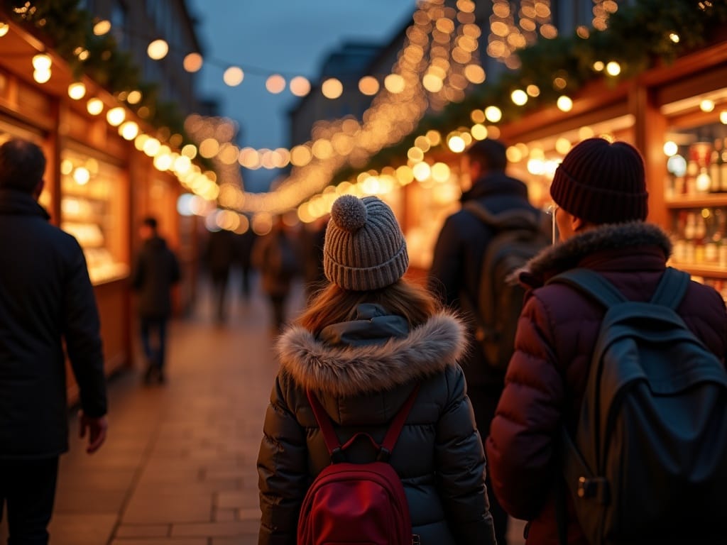 Familia española visitando un mercado navideño británico con luces festivas por la noche