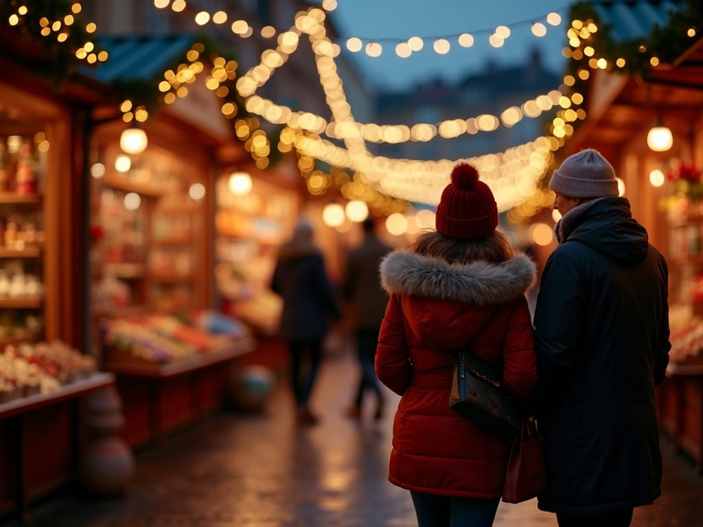 Familia disfrutando de un mercado navideño al aire libre en Reino Unido con luces festivas encendidas al anochecer