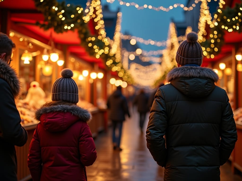 Familia disfrutando del mercado navideño en Reino Unido con luces y decoración festiva