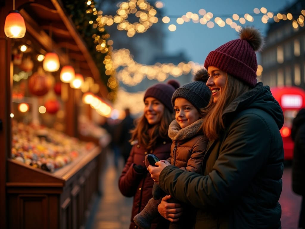 Familia española disfrutando mercado navideño en Londres con luces festivas por la tarde