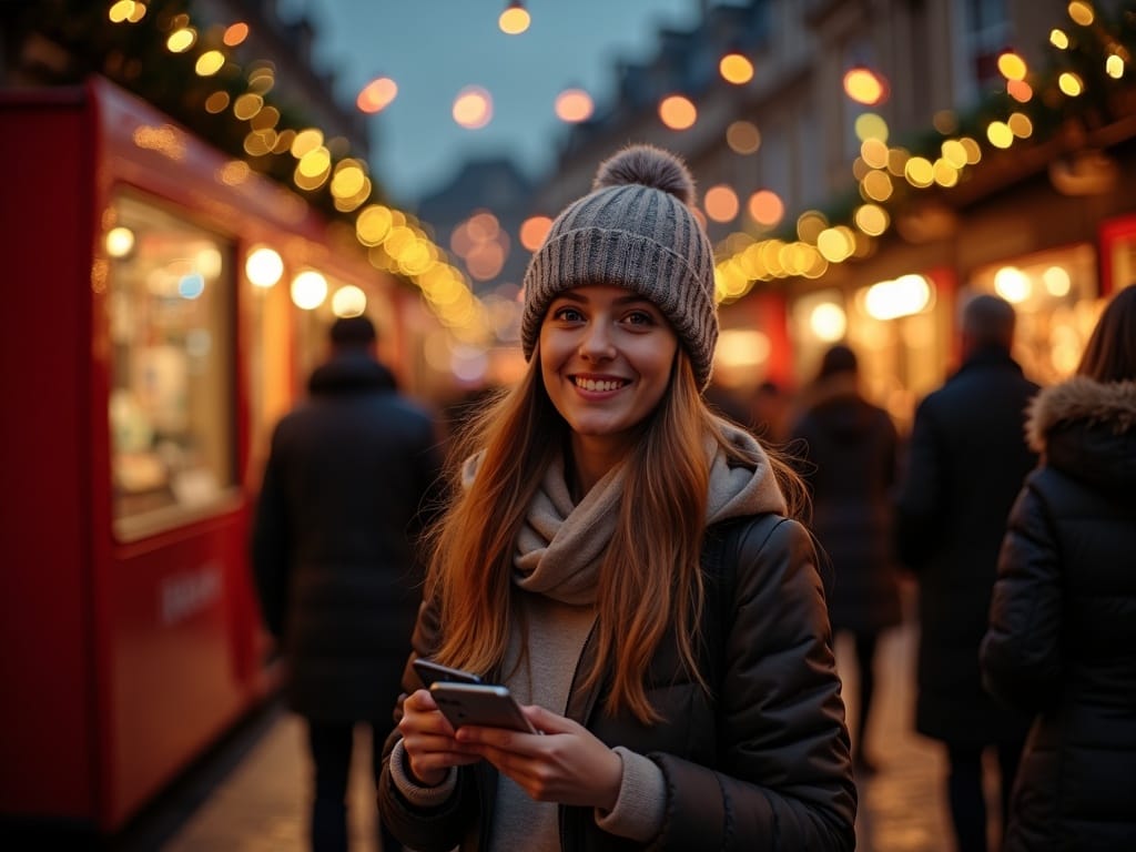 Familia española en un mercado de Navidad en Londres con luces festivas al anochecer