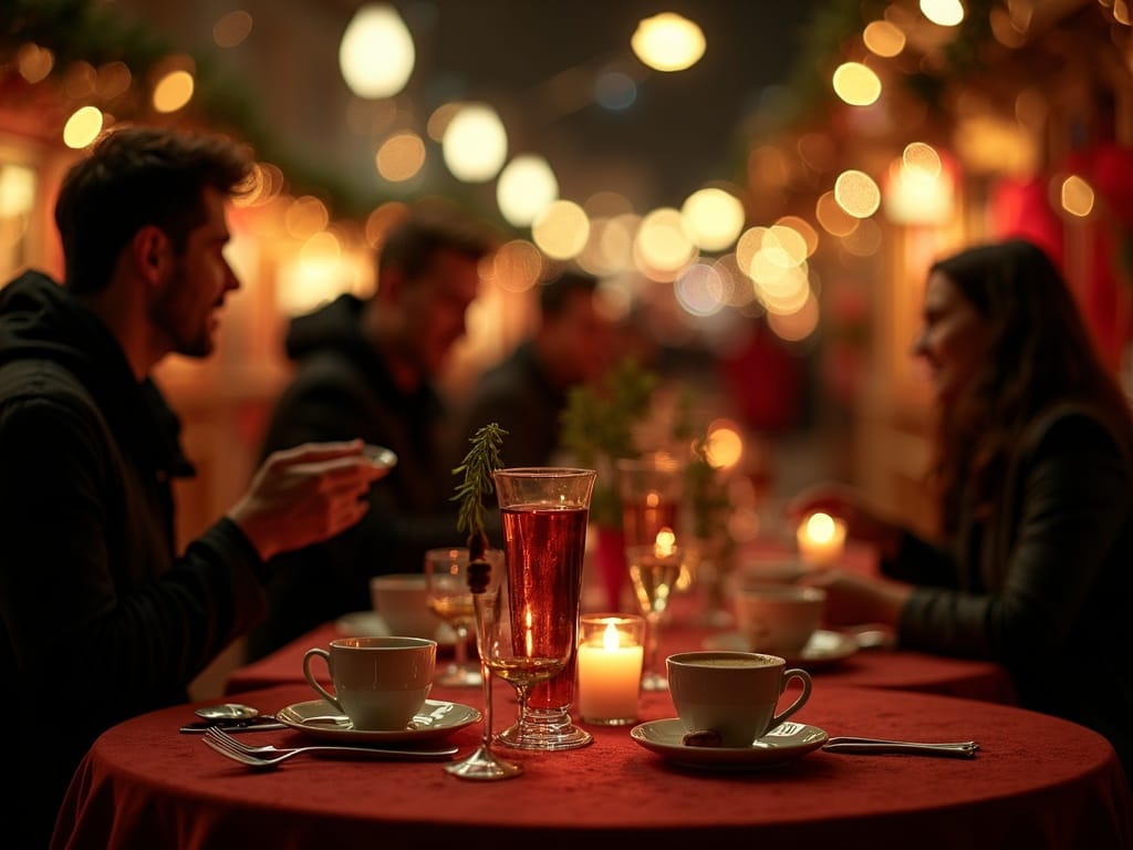 Familia española visitando un mercado navideño en Reino Unido con luces festivas
