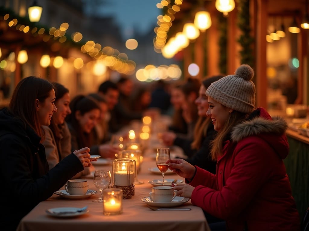 Familia española disfrutando de mercado navideño en Reino Unido con luces festivas por la tarde