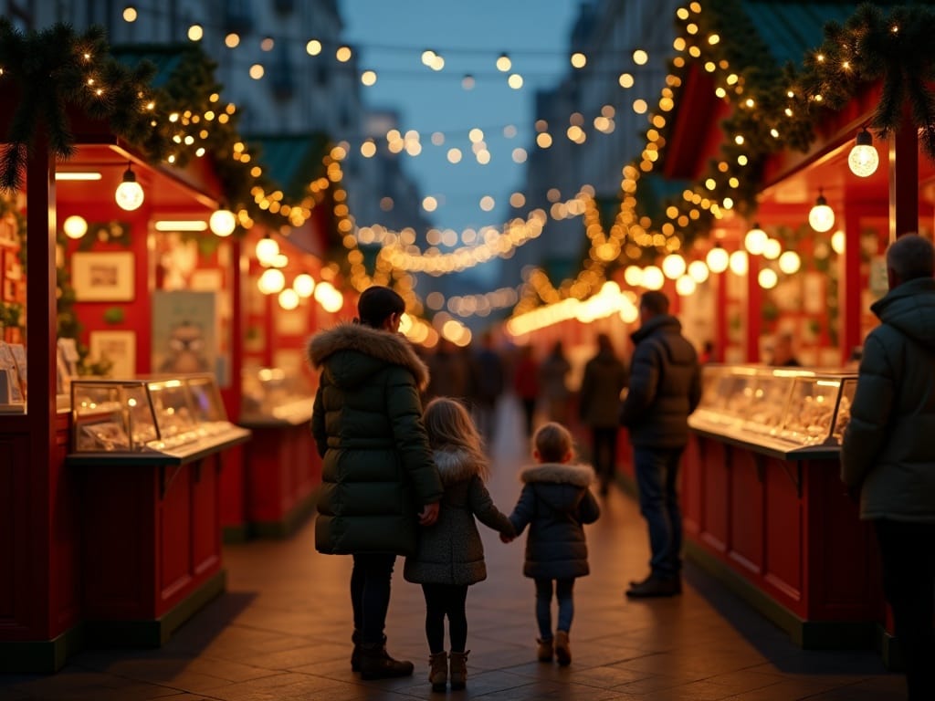 Familia disfrutando un mercado navideño en Londres con luces y decoraciones