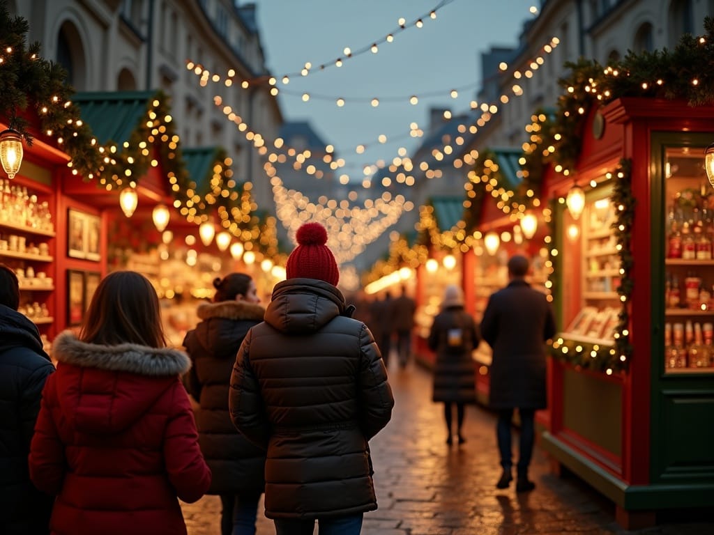 Familia visitando mercado navideño en Londres con luces y decoración festiva