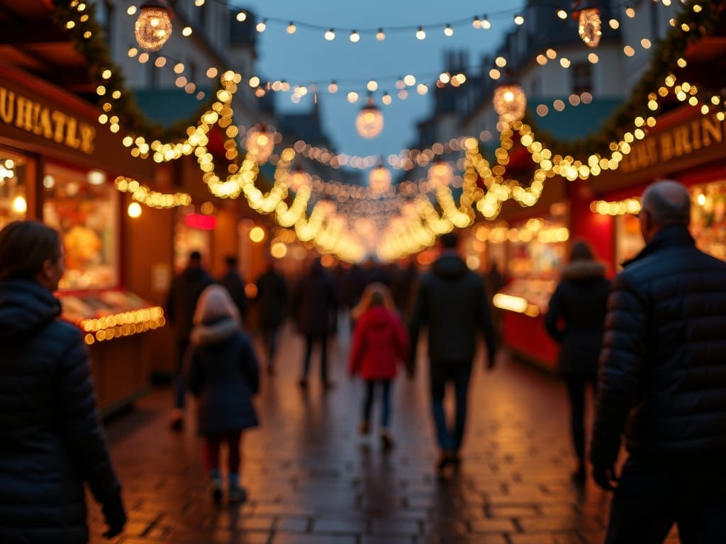 Familia paseando por mercado navideño en Londres con luces festivas
