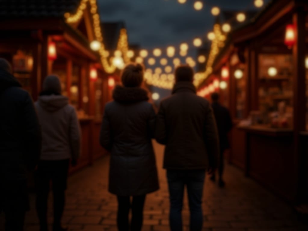 Familia española disfruta de un mercado navideño en Reino Unido con luces festivas por la tarde