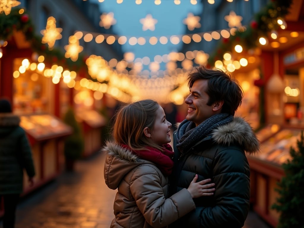Familia española disfrutando de un mercado navideño en Reino Unido con luces festivas por la noche