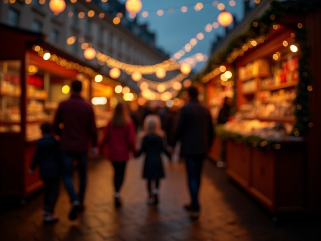 Familia española en mercadillo navideño de Londres con luces y decoración festiva