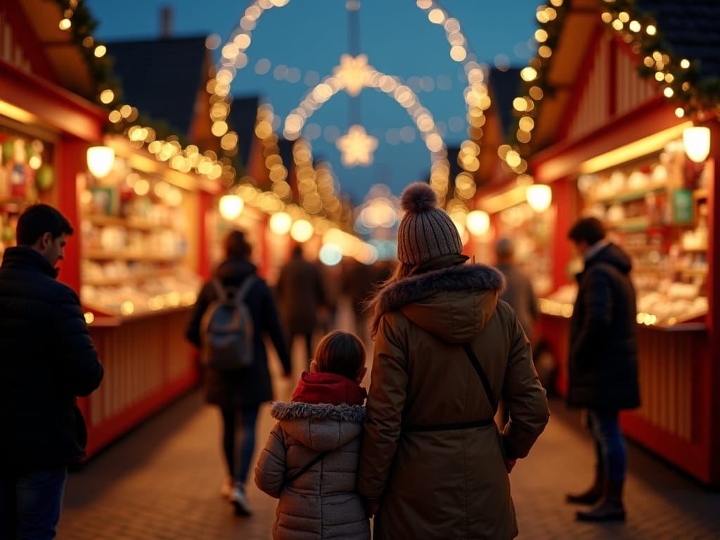 Familia española disfrutando del mercado de Navidad en Londres con luces festivas por la noche