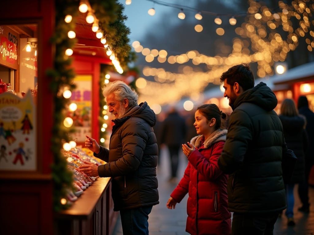 Familia española en mercado navideño de Londres con luces y decoración festiva