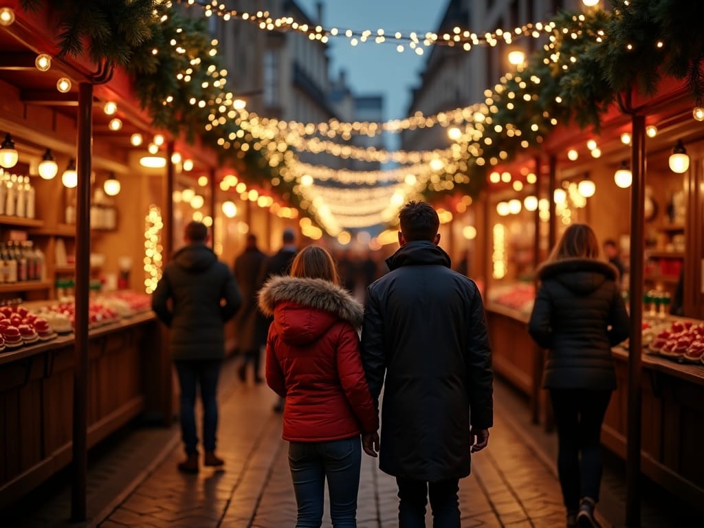 Familia visitando un mercado navideño en Londres por la tarde con luces festivas y ambiente invernal
