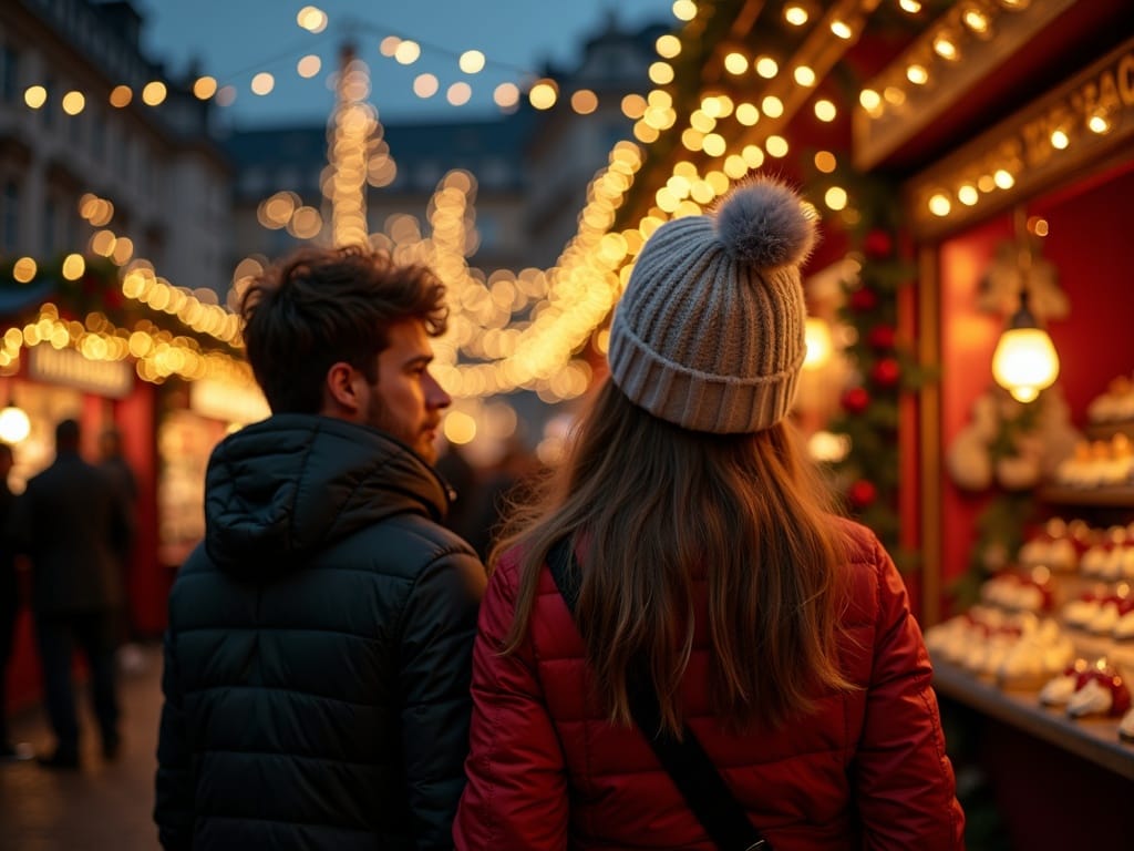 Familia visitando mercado navideño en Londres con luces y ambiente festivo