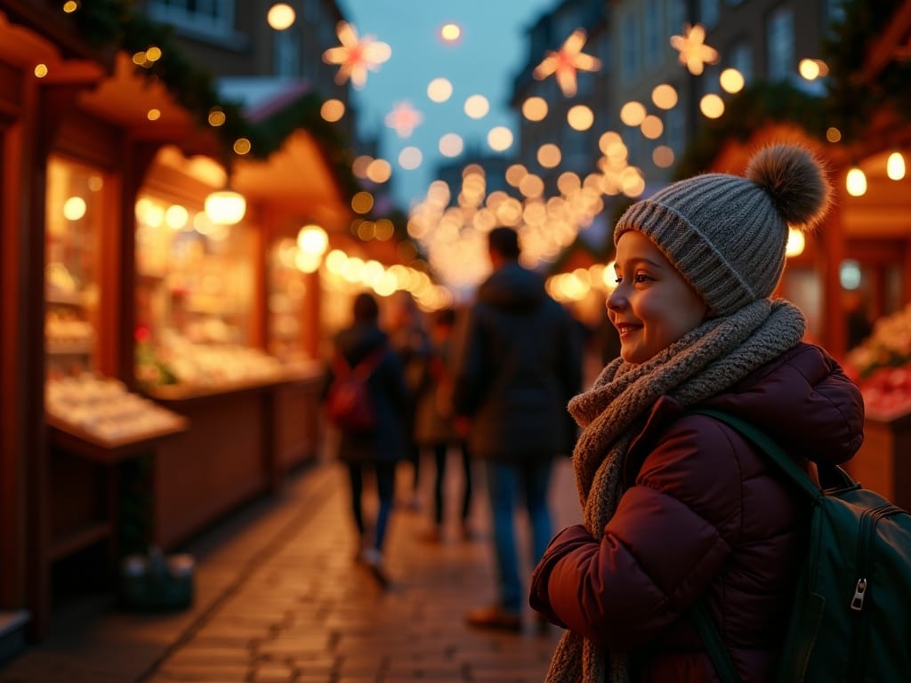 Familia española visitando un mercado navideño en Reino Unido con luces festivas por la noche