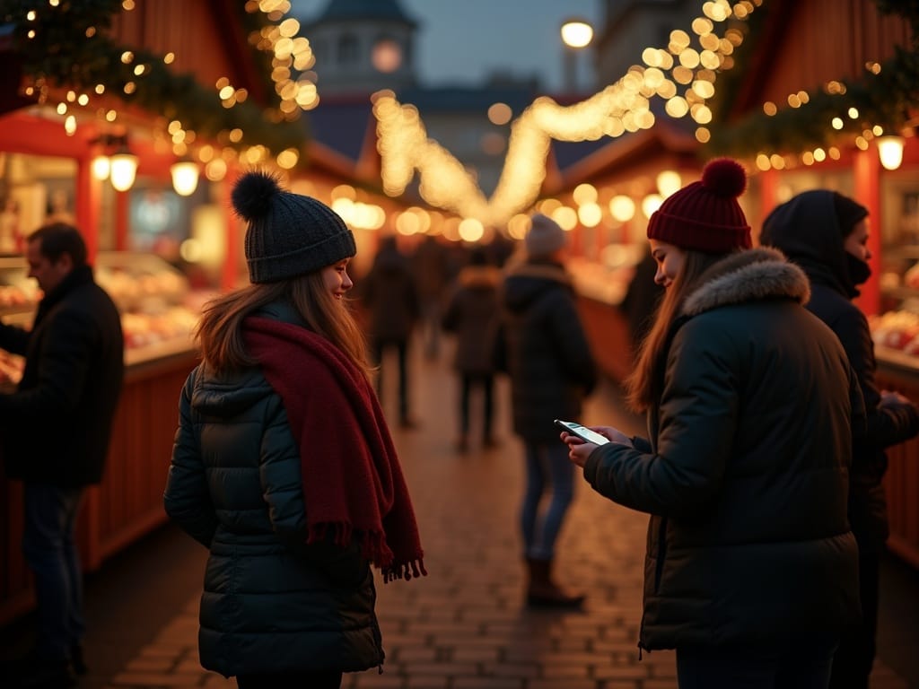 Familia disfrutando mercado navideño en Londres con luces y decoración festiva