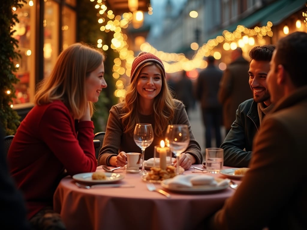 Familia española disfruta de luces festivas en mercado navideño británico